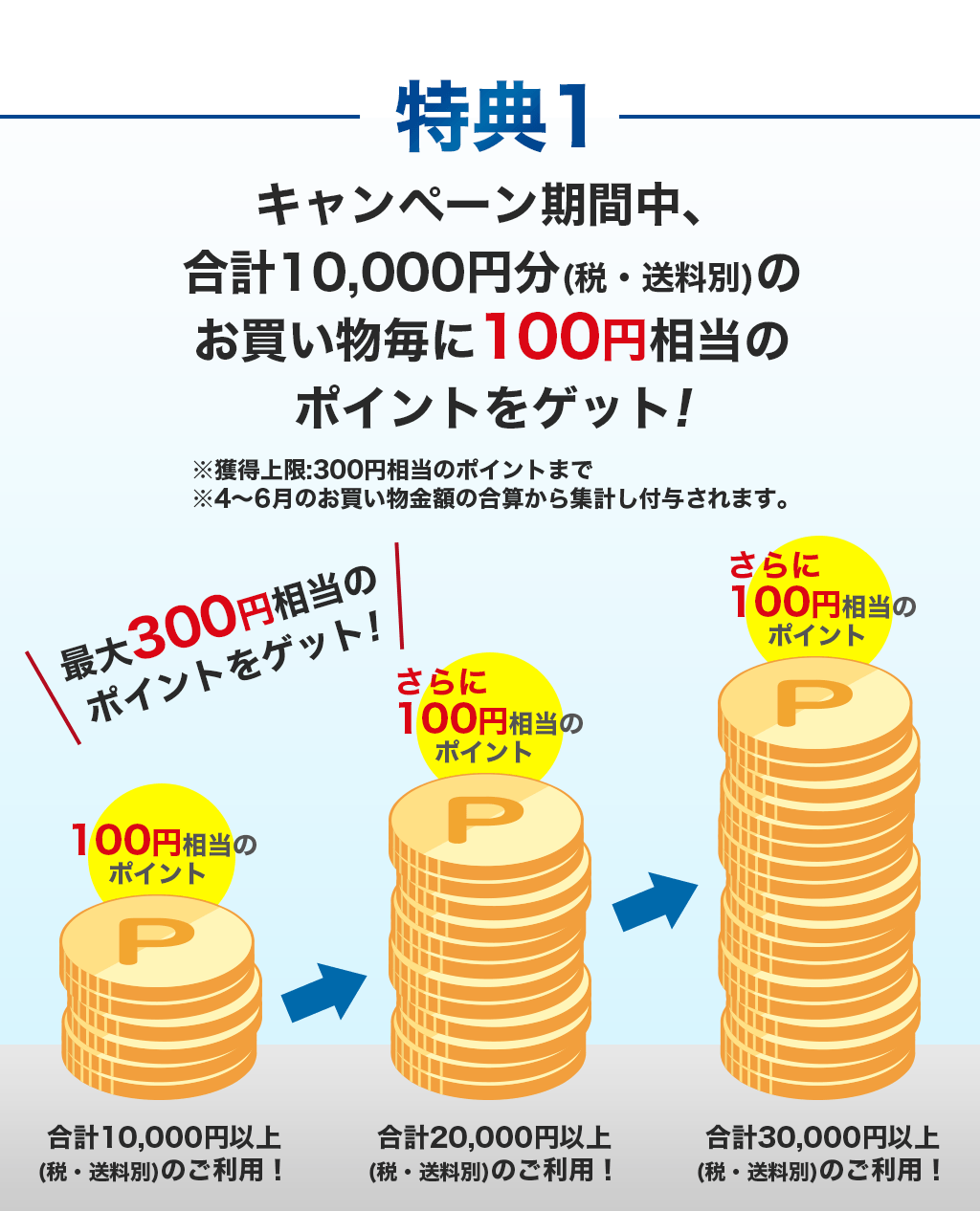特典1 キャンペーン期間中、合計10,000円分(税・送料別)のお買い物毎に100円相当のポイントをゲット!
